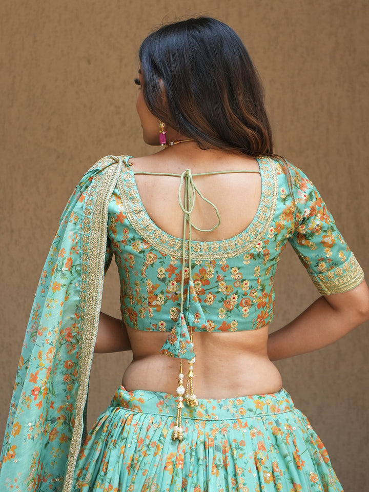 Alluring Sea Green Floral Printed Organza Lehenga Choli With Dupatta