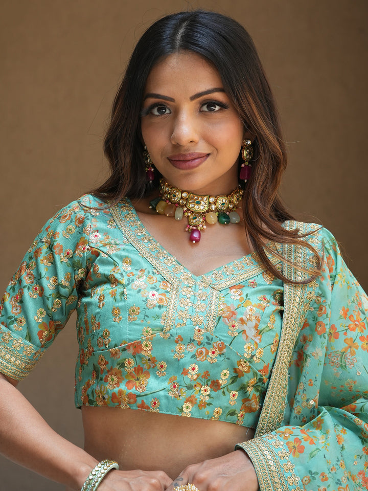 Alluring Sea Green Floral Printed Organza Lehenga Choli With Dupatta
