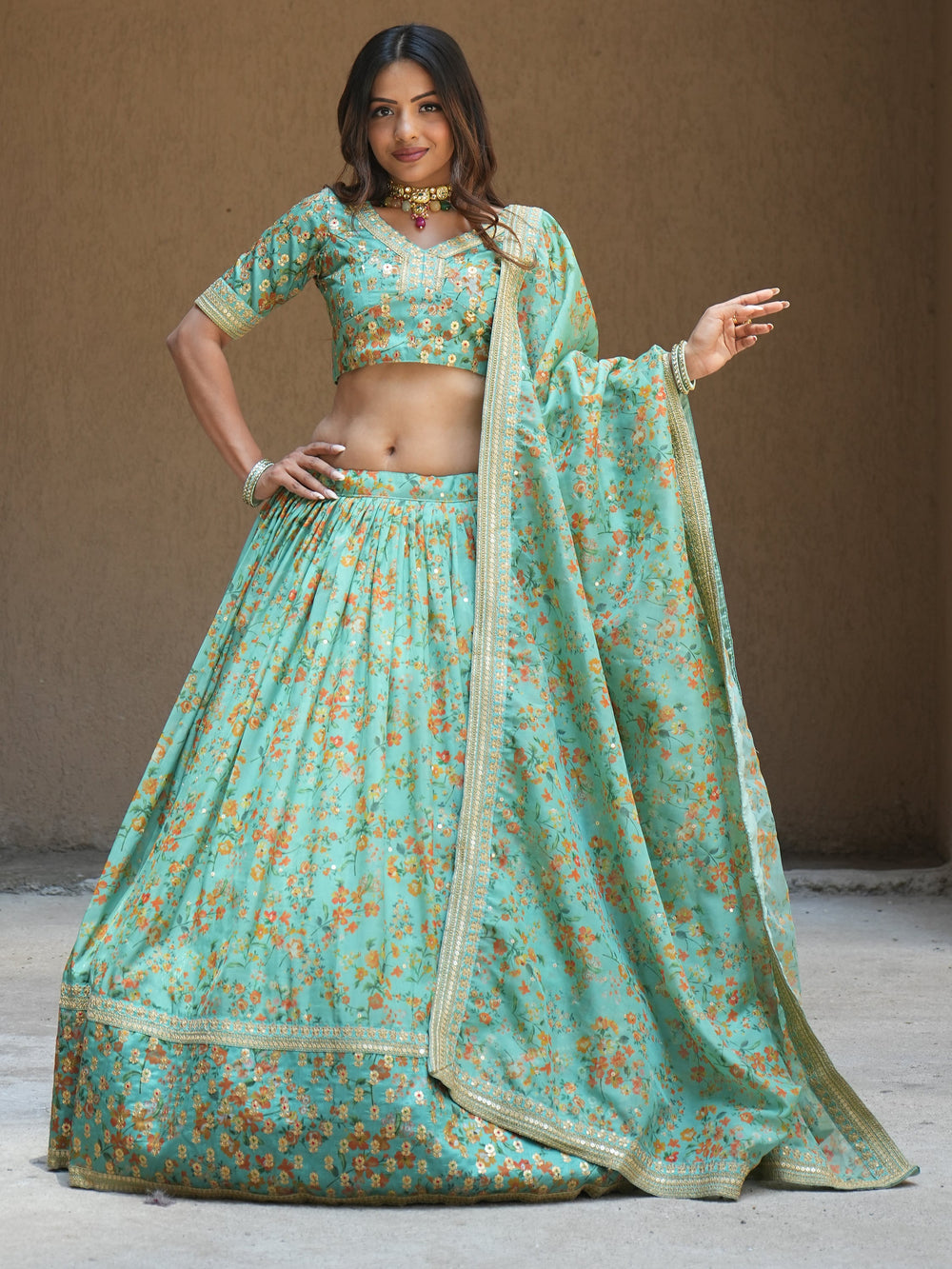 Alluring Sea Green Floral Printed Organza Lehenga Choli With Dupatta
