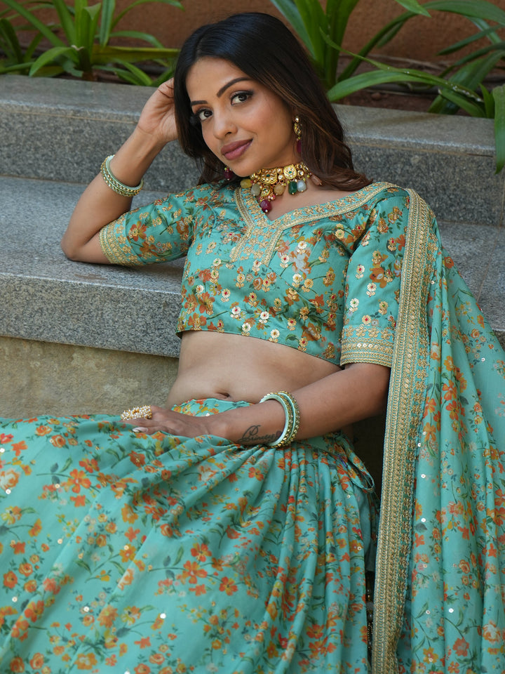 Alluring Sea Green Floral Printed Organza Lehenga Choli With Dupatta