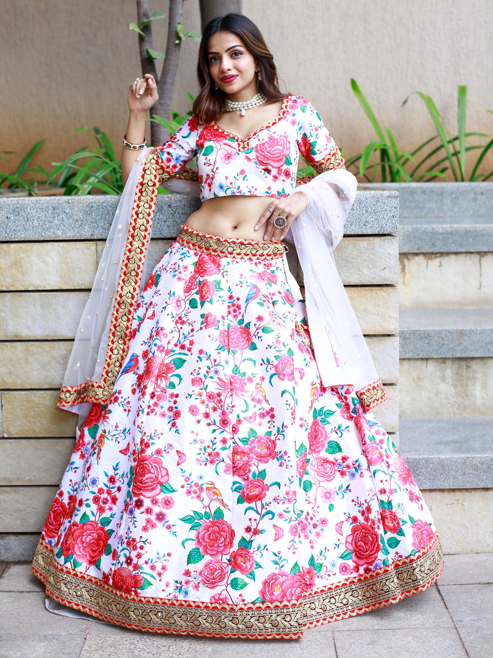 Mesmerizing Off White Floral Printed Art Silk Sangeet Wear Lehenga Choli