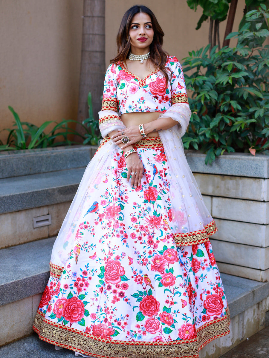 Mesmerizing Off White Floral Printed Art Silk Sangeet Wear Lehenga Choli