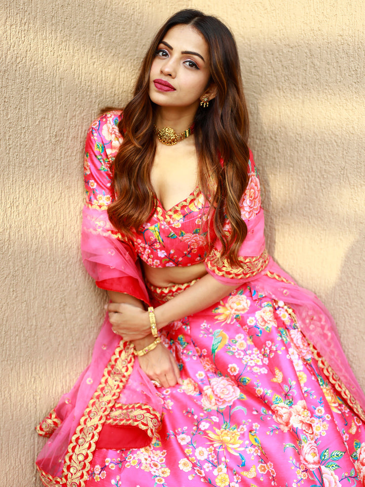 Awesome Pink Floral Printed Art Silk Engagement Wear Lehenga Choli