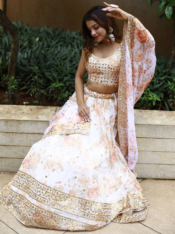 Alluring White Floral Printed Organza Lehenga Choli With Dupatta
