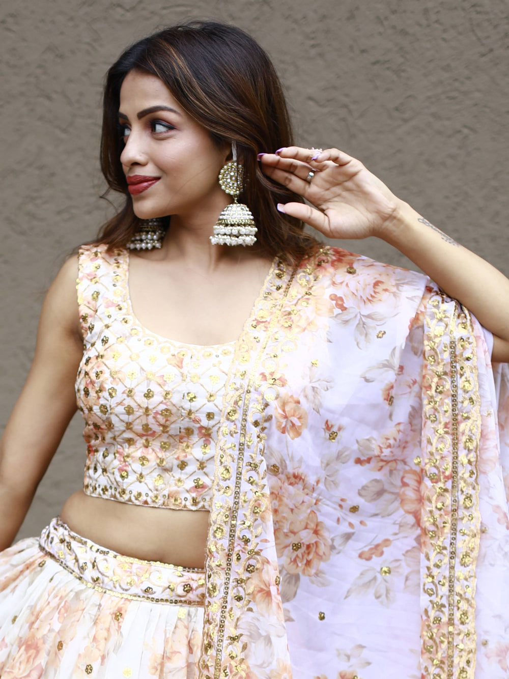 Alluring White Floral Printed Organza Lehenga Choli With Dupatta