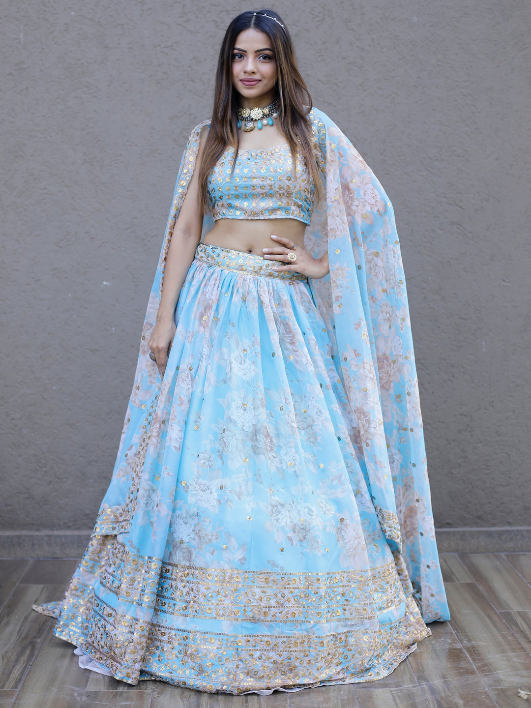 Lovely Sky Blue Floral Printed Organza Engagement Wear Lehenga Choli