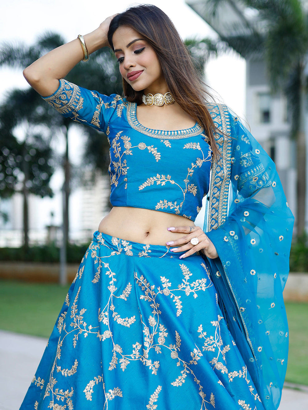 Attractive Royal Blue Thread Embroidery Art Silk Wedding Lehenga Choli