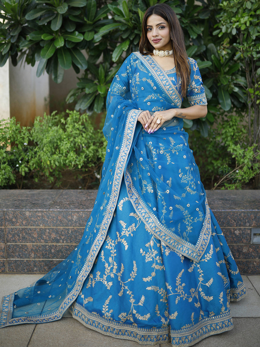 Attractive Royal Blue Thread Embroidery Art Silk Wedding Lehenga Choli