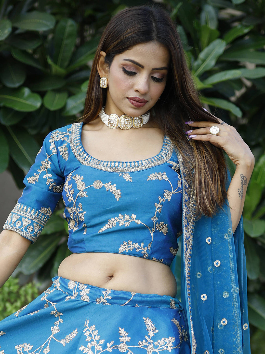 Attractive Royal Blue Thread Embroidery Art Silk Wedding Lehenga Choli