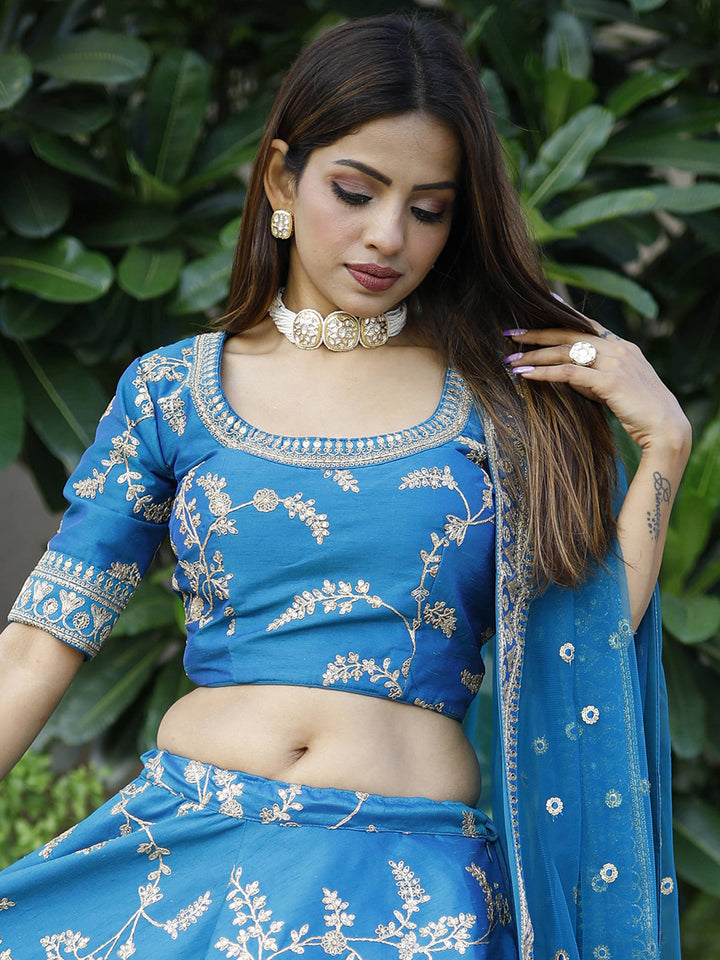 Attractive Royal Blue Thread Embroidery Art Silk Wedding Lehenga Choli