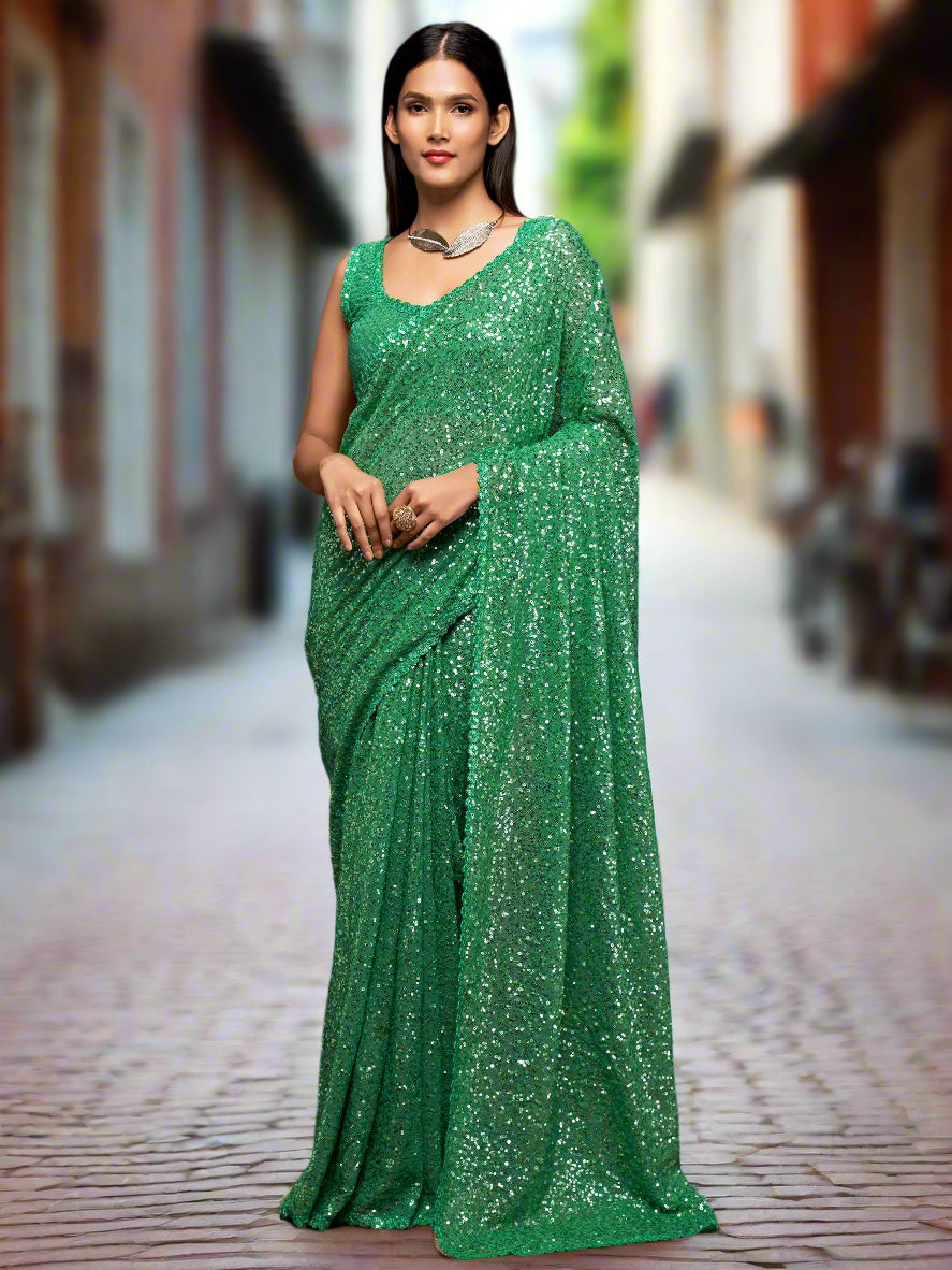 Green georgette saree crafted for elegance and style.