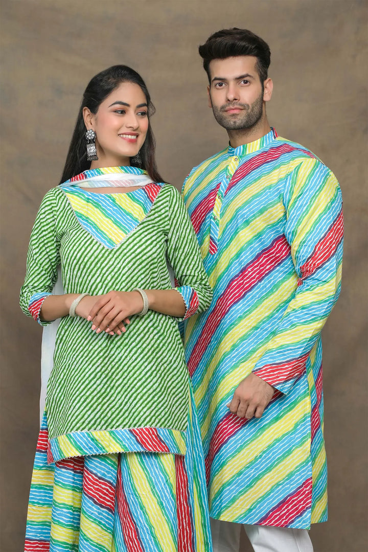 Vibrant Green And Multicolored Leheriya Couple Twin Set
