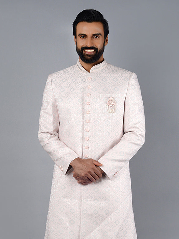 Sophisticated Pink & Grey Jacquard Indowestern | Luxe Wedding Look