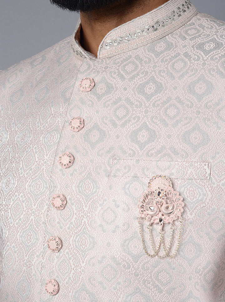 Wedding-Ready Pink & Grey Jacquard Indowestern for Men