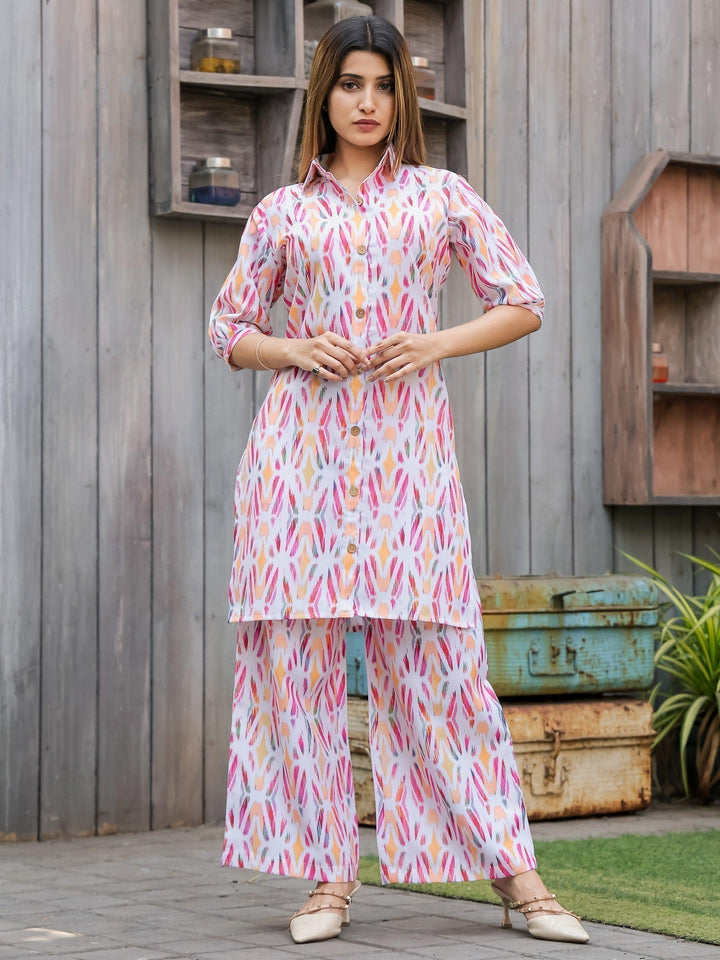 Exquisite White & Pink Printed Cotton Co-ord Set | Elegant Matching Outfit for Women
