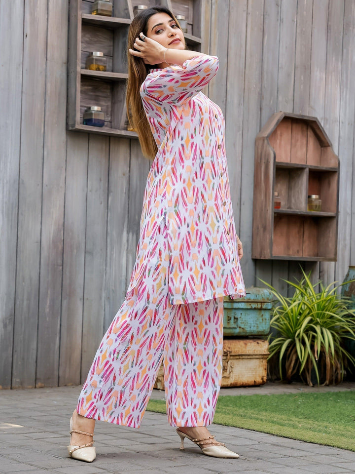 Exquisite White & Pink Printed Cotton Co-ord Set | Elegant Matching Outfit for Women