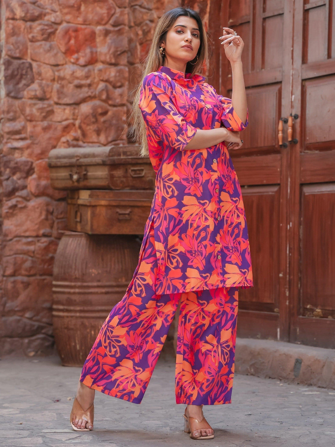 Enticing Purple Printed Cotton Co-ord Set | Eye-Catching Matching Outfit for Women