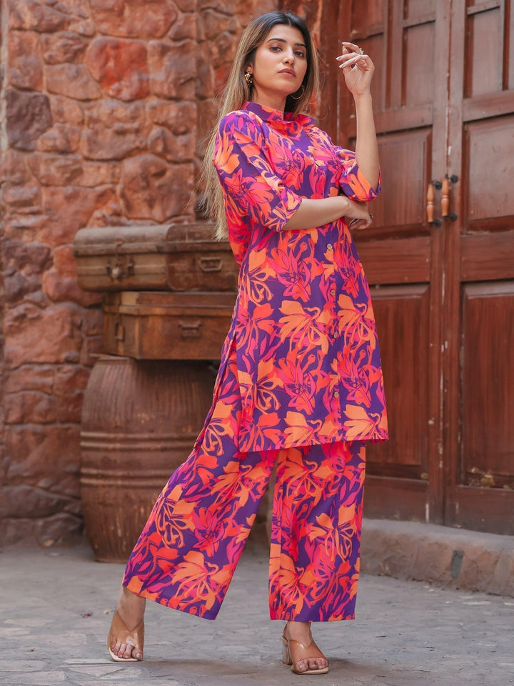 Enticing Purple Printed Cotton Co-ord Set | Eye-Catching Matching Outfit for Women