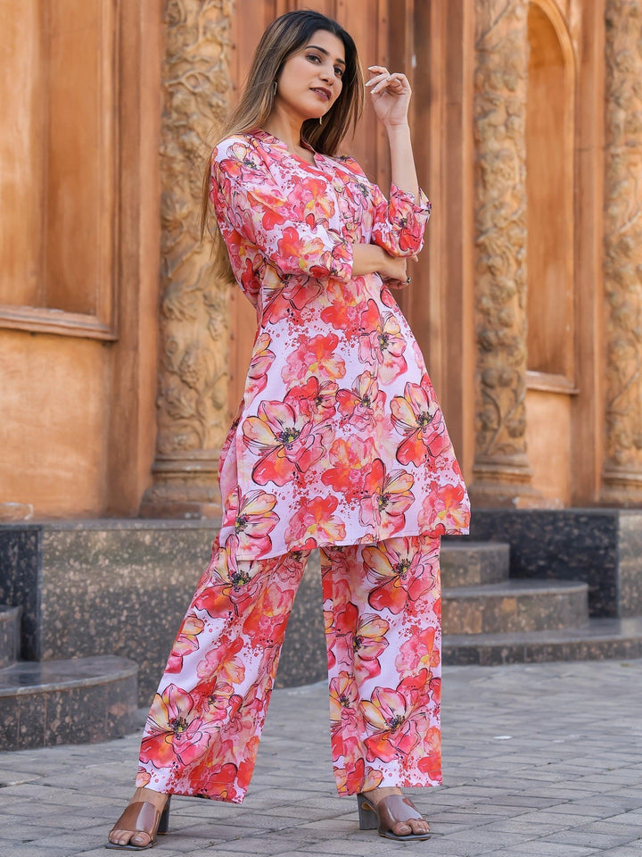 Impressive Red Floral Printed Co-ord Set | Vibrant Matching Outfit for Women