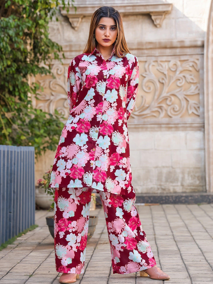 Stunning Maroon Floral Printed Co-ord Set | Elegant Matching Outfit for Women