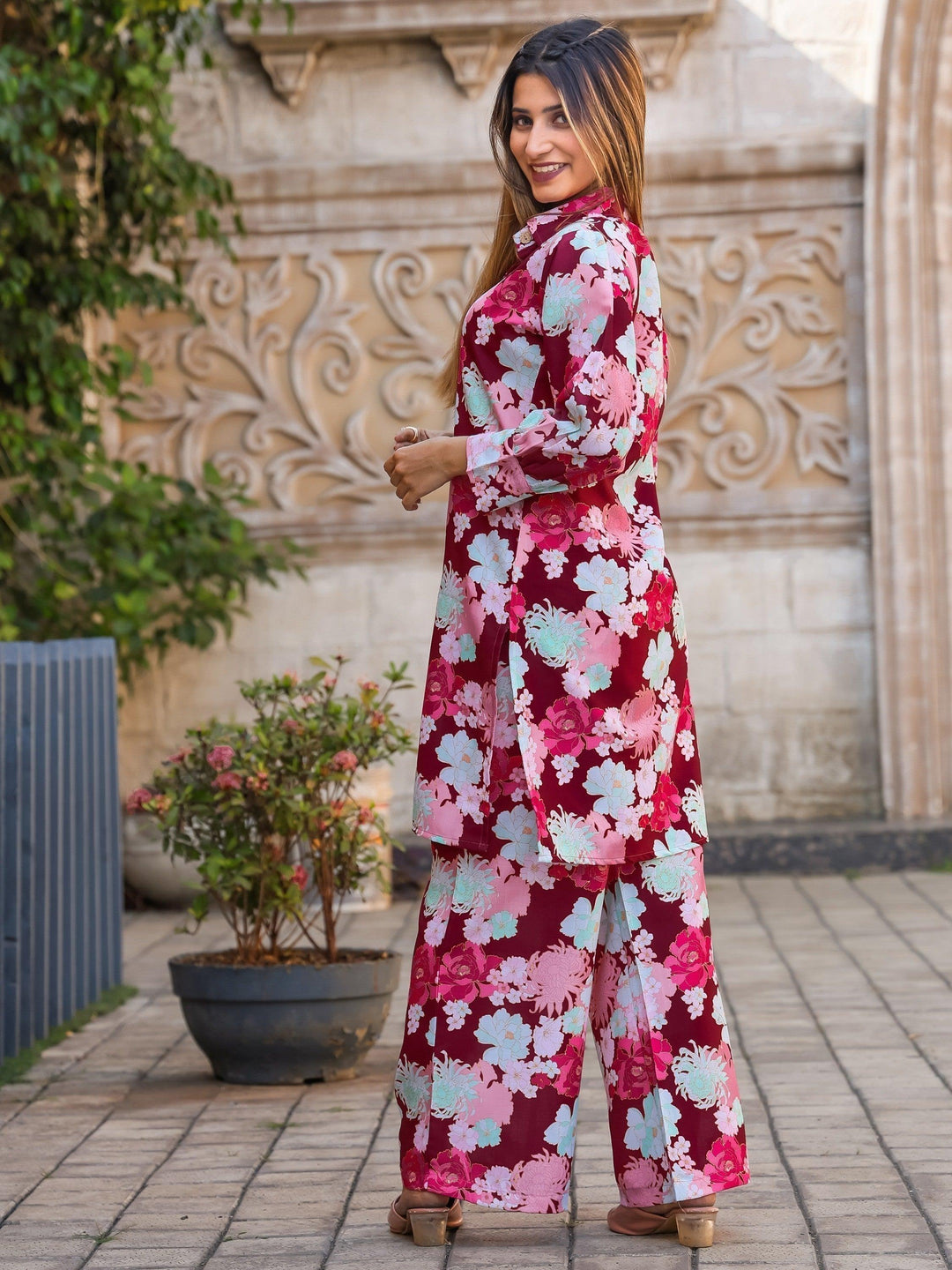 Stunning Maroon Floral Printed Co-ord Set | Elegant Matching Outfit for Women