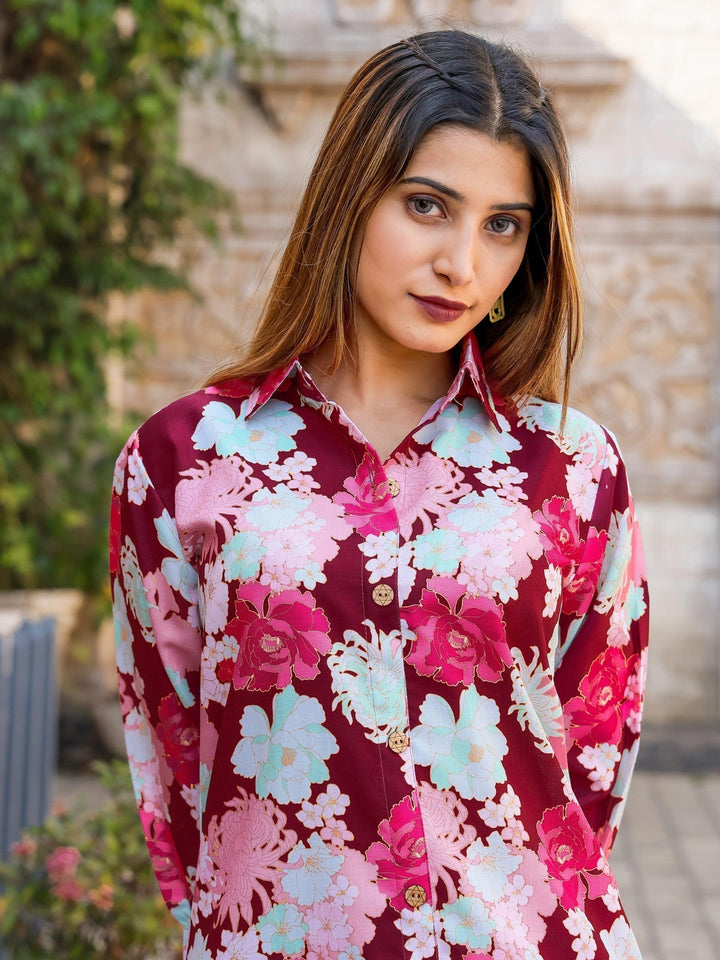 Stunning Maroon Floral Printed Co-ord Set | Elegant Matching Outfit for Women