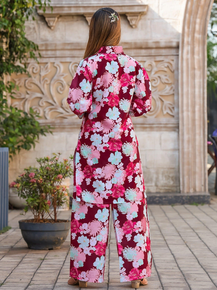 Stunning Maroon Floral Printed Co-ord Set | Elegant Matching Outfit for Women