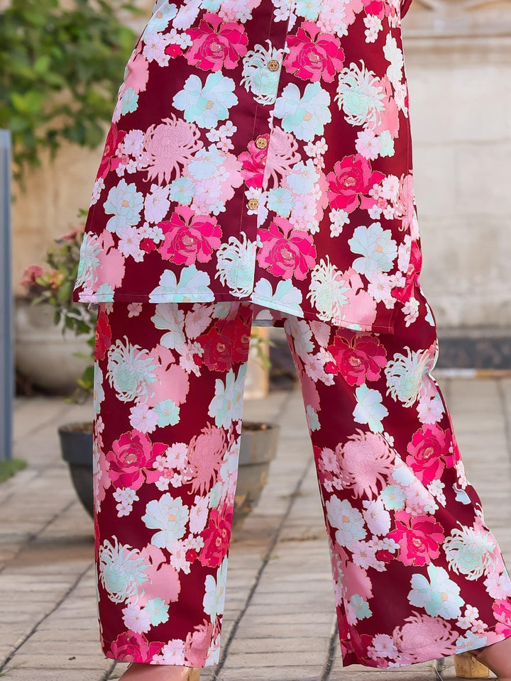 Stunning Maroon Floral Printed Co-ord Set | Elegant Matching Outfit for Women