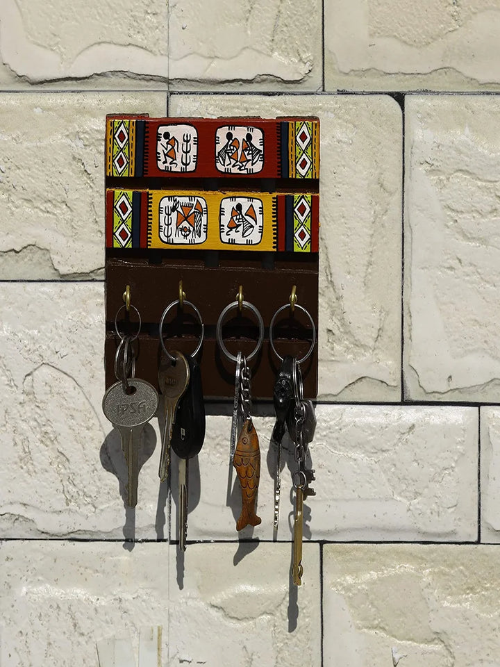 Recycled Wood Wall Decor | Hand-Painted Key Holder with Brass Accents