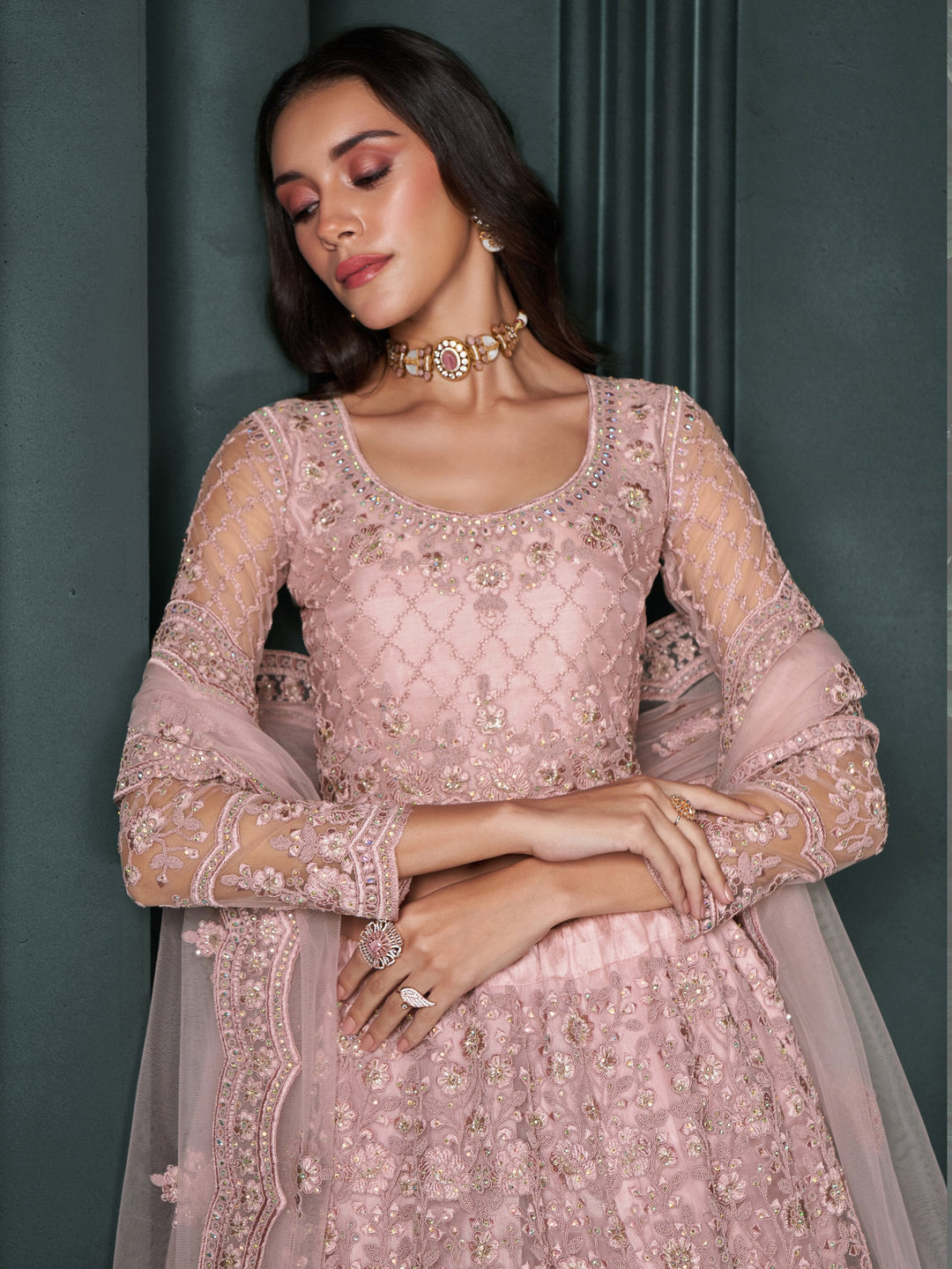Charming Dusty Pink Embroidered Net Bridesmaid Lehenga Choli