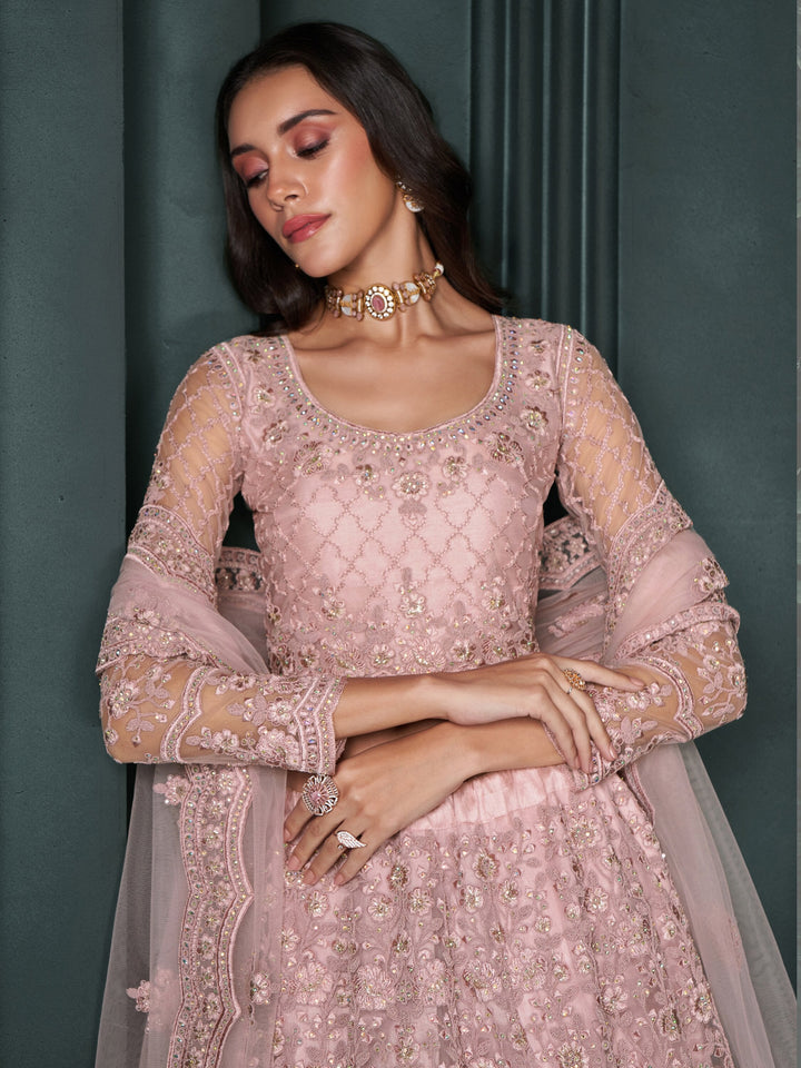 Charming Dusty Pink Embroidered Net Bridesmaid Lehenga Choli