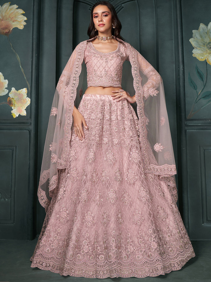 Charming Dusty Pink Embroidered Net Bridesmaid Lehenga Choli