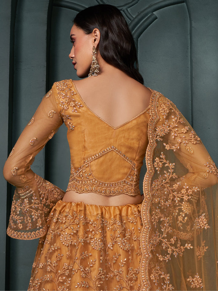 Fascinating Orange Thread Work Net Engagement Wear Lehenga Choli