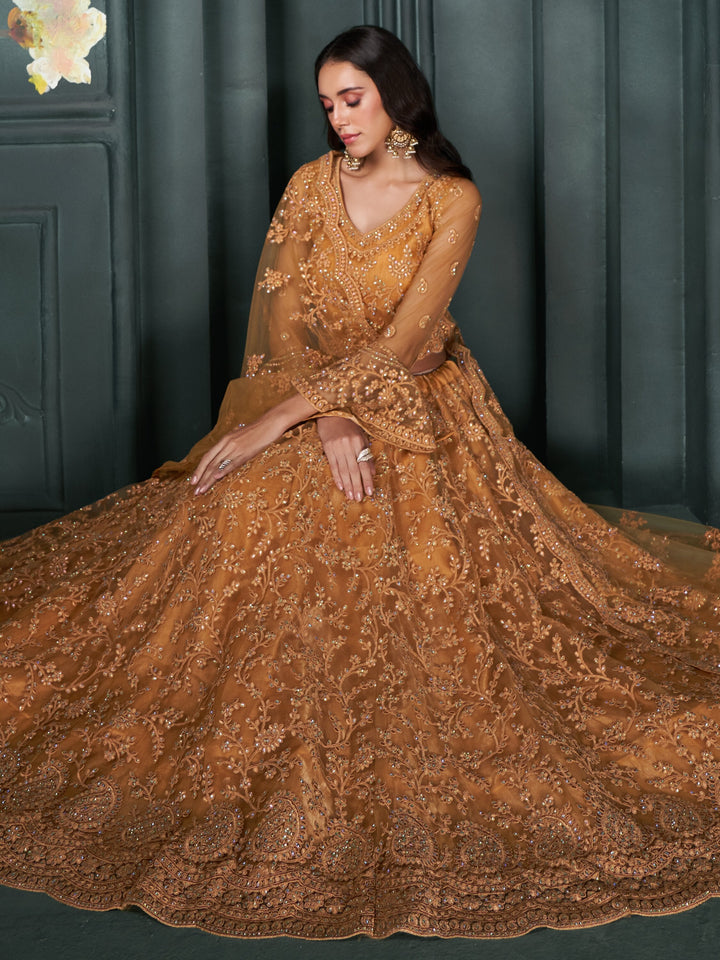 Fascinating Orange Thread Work Net Engagement Wear Lehenga Choli