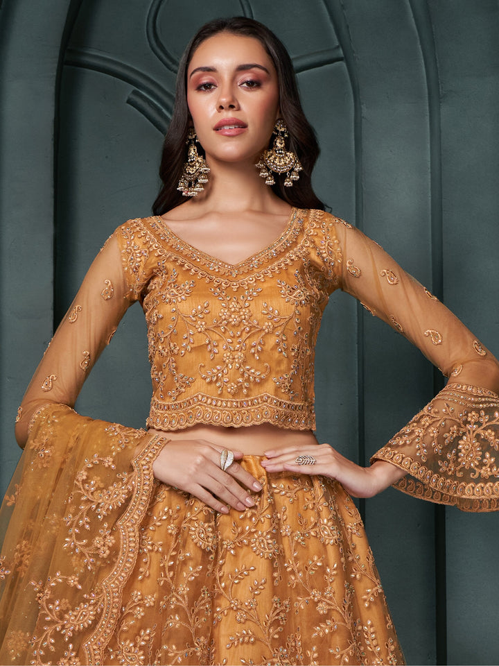 Fascinating Orange Thread Work Net Engagement Wear Lehenga Choli