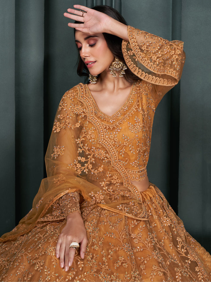Fascinating Orange Thread Work Net Engagement Wear Lehenga Choli