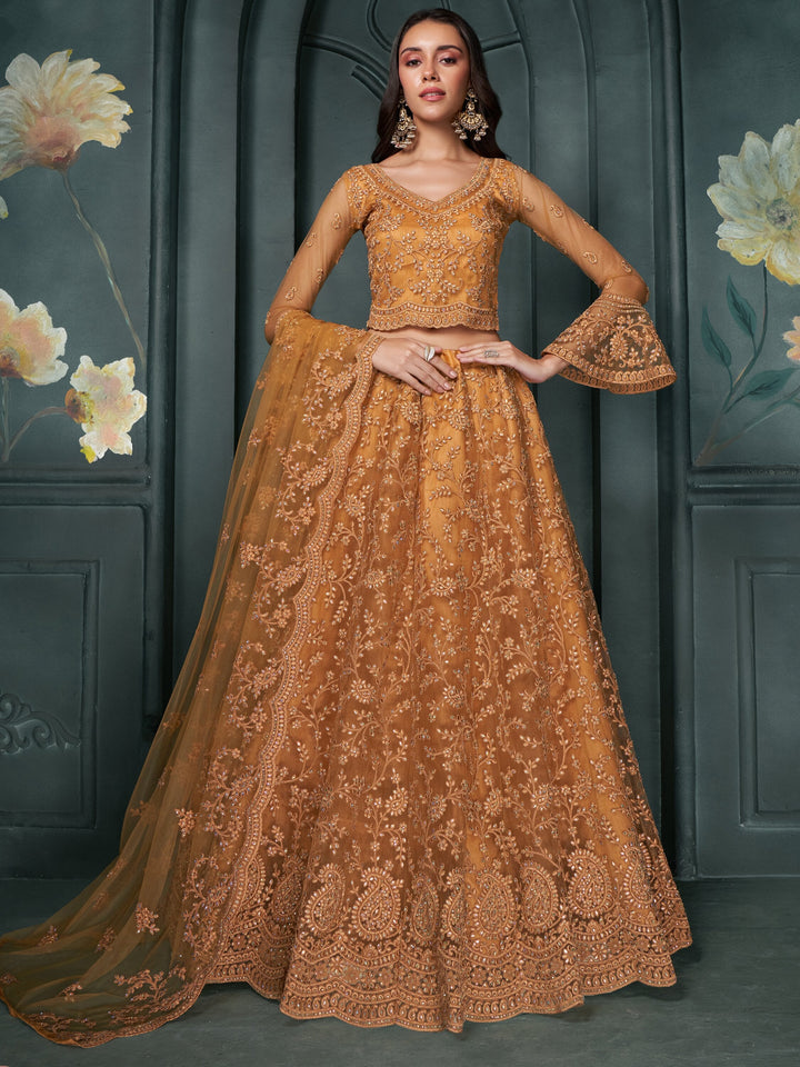 Fascinating Orange Thread Work Net Engagement Wear Lehenga Choli