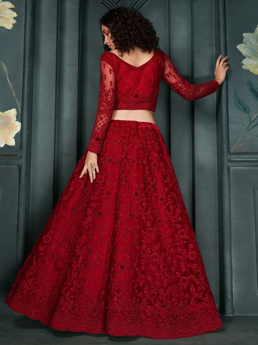 Glamorous Red Embroidered Net Bridesmaid Lehenga Choli With Dupatta