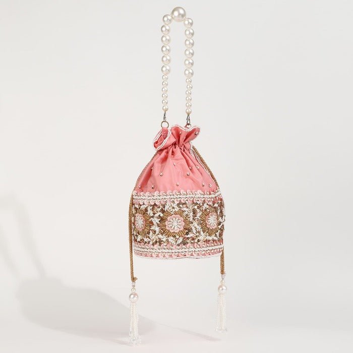 Ama Potli Bag | Handcrafted Statement Piece with Detachable Pearl Handle - Ama_Pink