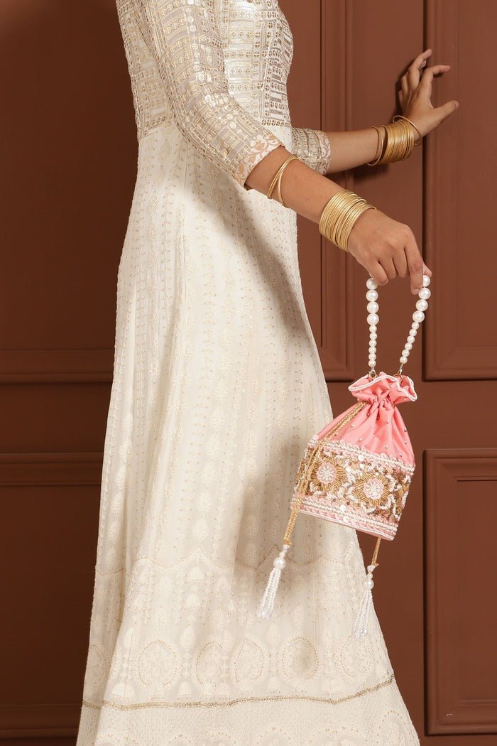 Ama Potli Bag | Handcrafted Statement Piece with Detachable Pearl Handle - Ama_Pink