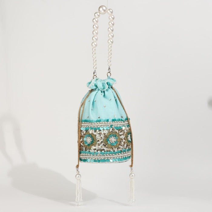Ama Potli Bag | Handcrafted with Detachable Pearl Handle for Stylish Elegance - Ama_Blue