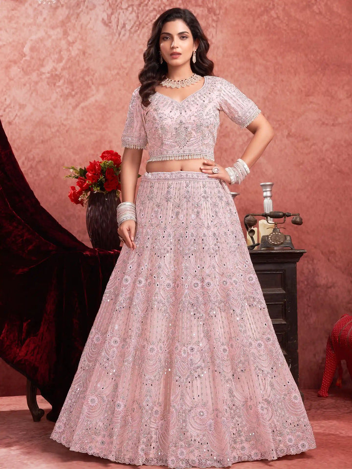 Alluring Baby Pink Sequins Net Bridesmaid Lehenga Choli With Dupatta