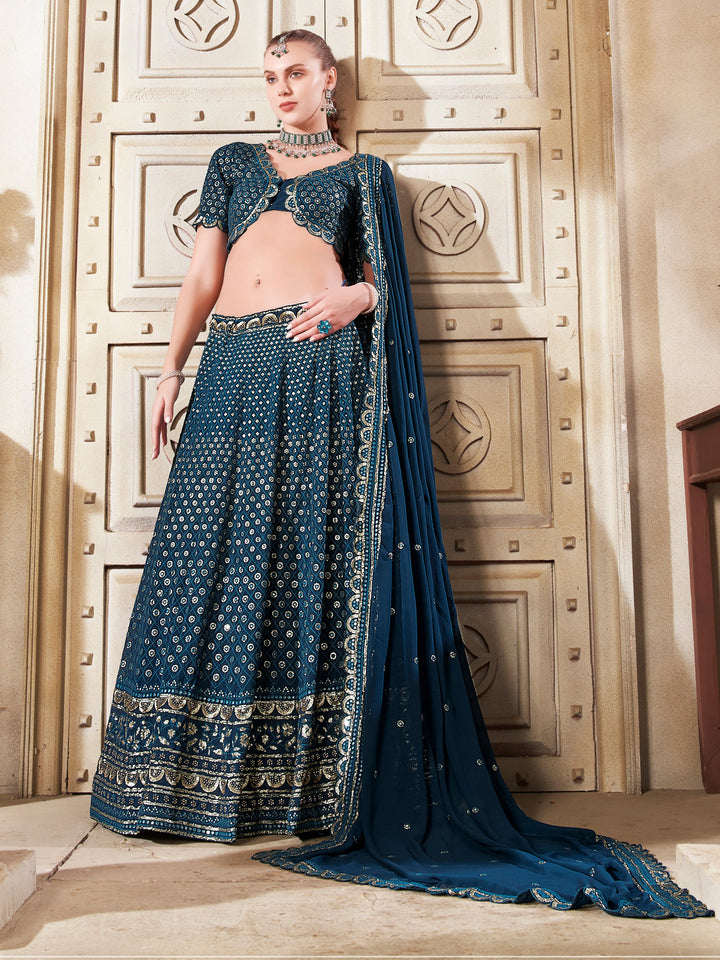 Charming√É∆í√¢‚Ç¨≈°√É‚Äö√Ç¬†Teal Blue Thread Work Georgette√É∆í√¢‚Ç¨≈°√É‚Äö√Ç¬†Wedding Lehenga Choli