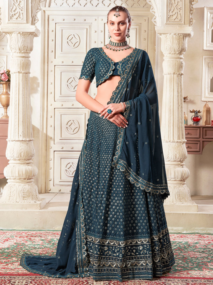 Charming√É∆í√¢‚Ç¨≈°√É‚Äö√Ç¬†Teal Blue Thread Work Georgette√É∆í√¢‚Ç¨≈°√É‚Äö√Ç¬†Wedding Lehenga Choli