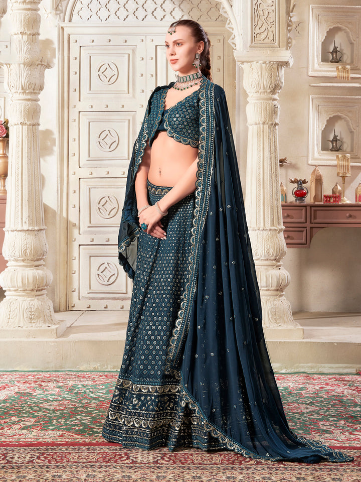 Charming√É∆í√¢‚Ç¨≈°√É‚Äö√Ç¬†Teal Blue Thread Work Georgette√É∆í√¢‚Ç¨≈°√É‚Äö√Ç¬†Wedding Lehenga Choli