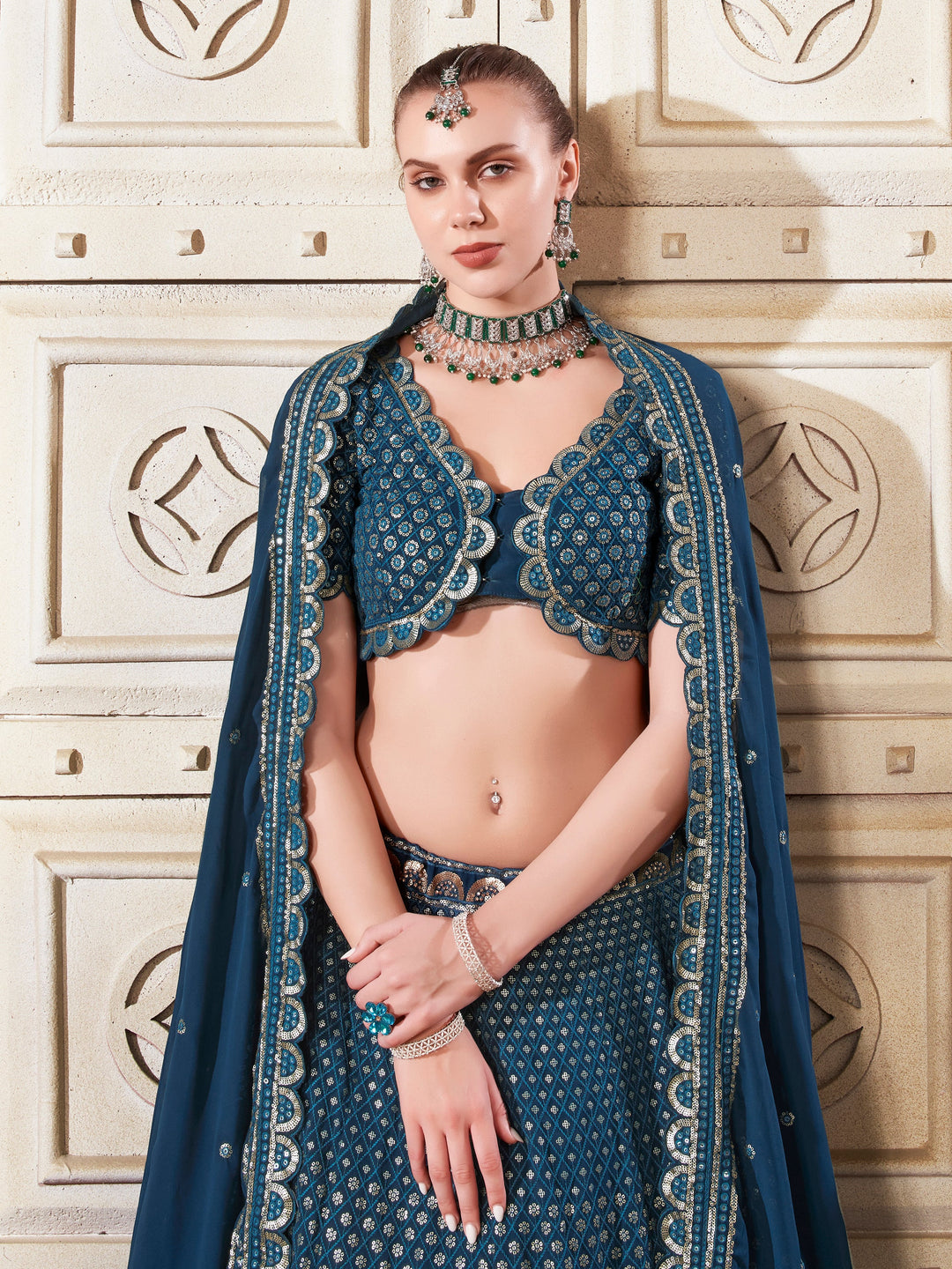 Charming√É∆í√¢‚Ç¨≈°√É‚Äö√Ç¬†Teal Blue Thread Work Georgette√É∆í√¢‚Ç¨≈°√É‚Äö√Ç¬†Wedding Lehenga Choli