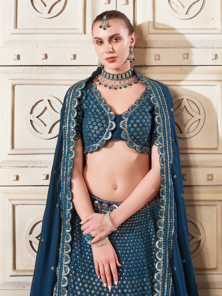 Charming√É∆í√¢‚Ç¨≈°√É‚Äö√Ç¬†Teal Blue Thread Work Georgette√É∆í√¢‚Ç¨≈°√É‚Äö√Ç¬†Wedding Lehenga Choli