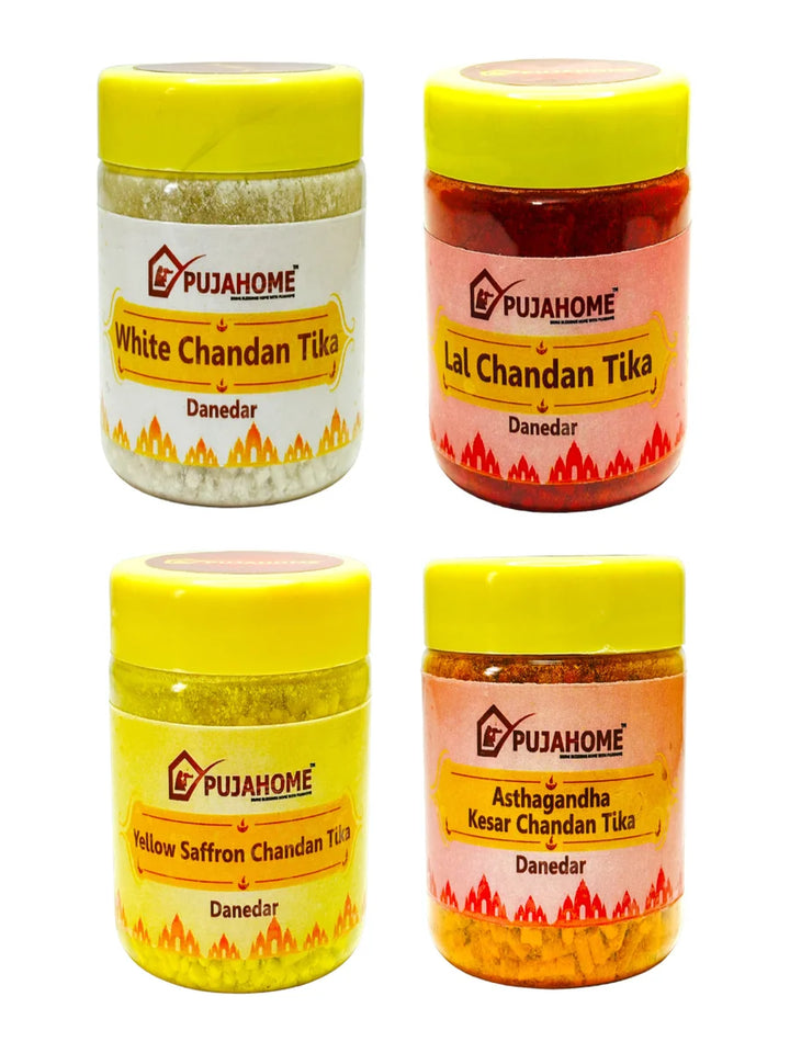 Premium Chandan Tika Danedar Combo | Pack Of 4 X 100Gram | Red, White, Yellow and Kesar