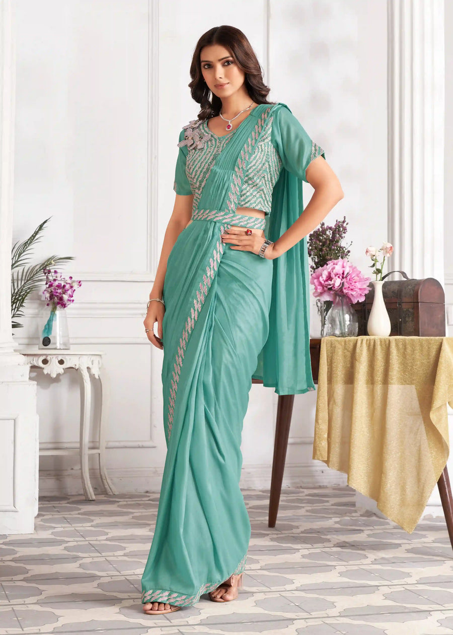 aqua green satin silk embroidered saree

