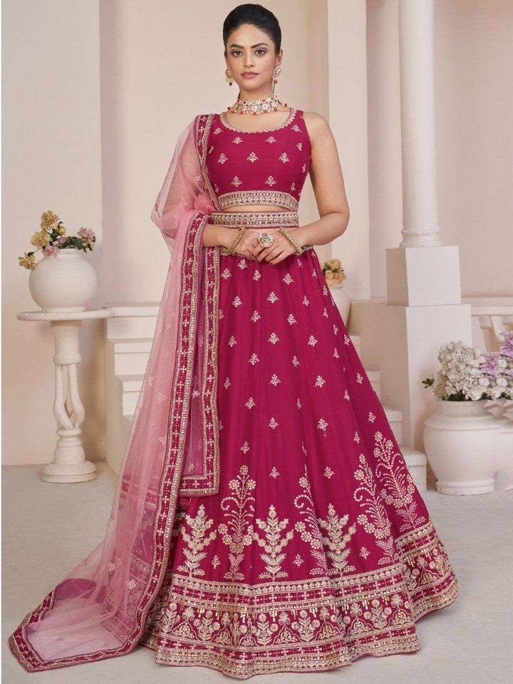 Bright Pink Party Wear Lehenga Choli | Elegant Beige Dori Work Dupatta Set
